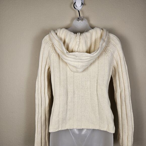Vintage Y2K Cable Knit Sweater Womens Lambs Wool Hood Wood Toggle Button Cream M - Picture 6 of 15